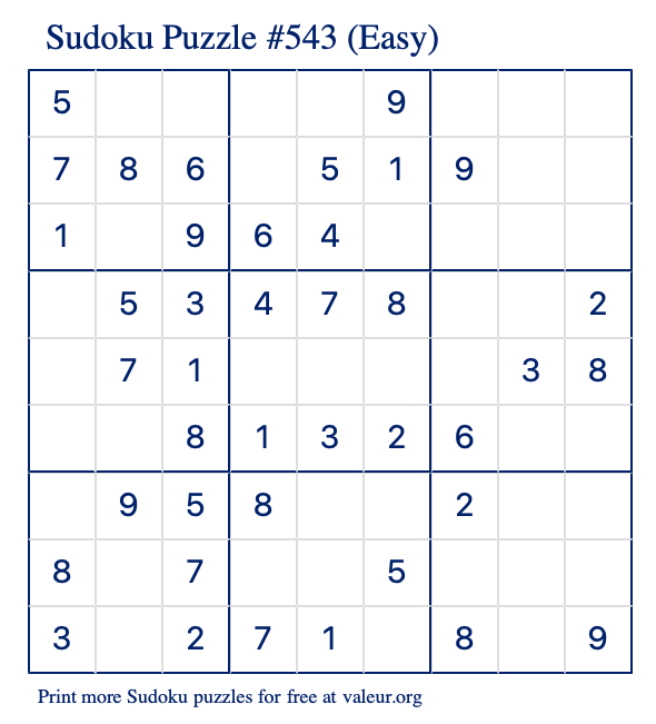 Free Printable Easy Sudoku Puzzle number 543