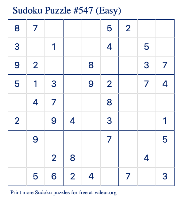 Free Printable Easy Sudoku Puzzle number 547