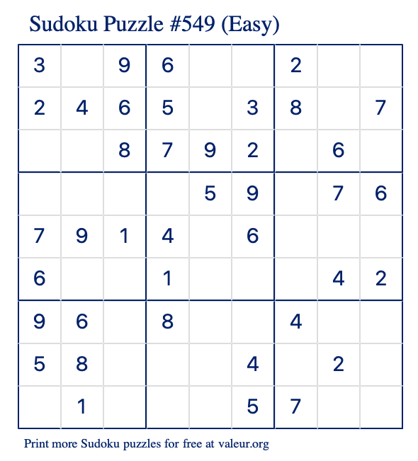 Free Printable Easy Sudoku Puzzle number 549