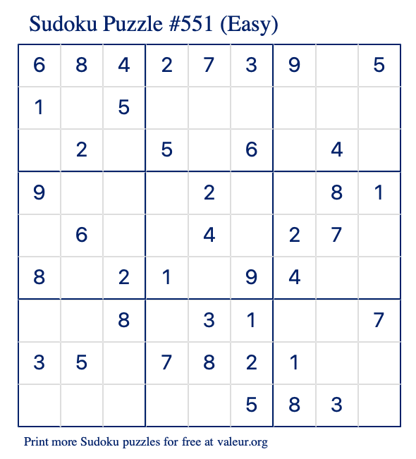 Free Printable Easy Sudoku Puzzle number 551