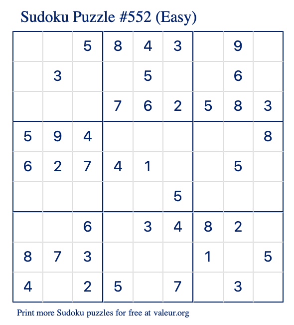 Free Printable Easy Sudoku Puzzle number 552