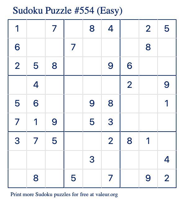 Free Printable Easy Sudoku Puzzle number 554
