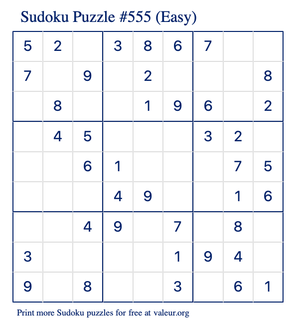 Free Printable Easy Sudoku Puzzle number 555
