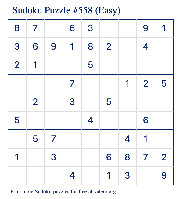 Free Printable Easy Sudoku Puzzle number 558