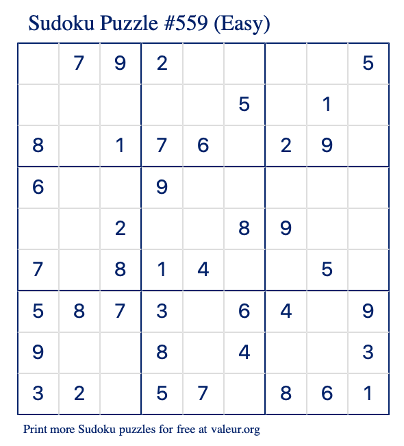 Free Printable Easy Sudoku Puzzle number 559