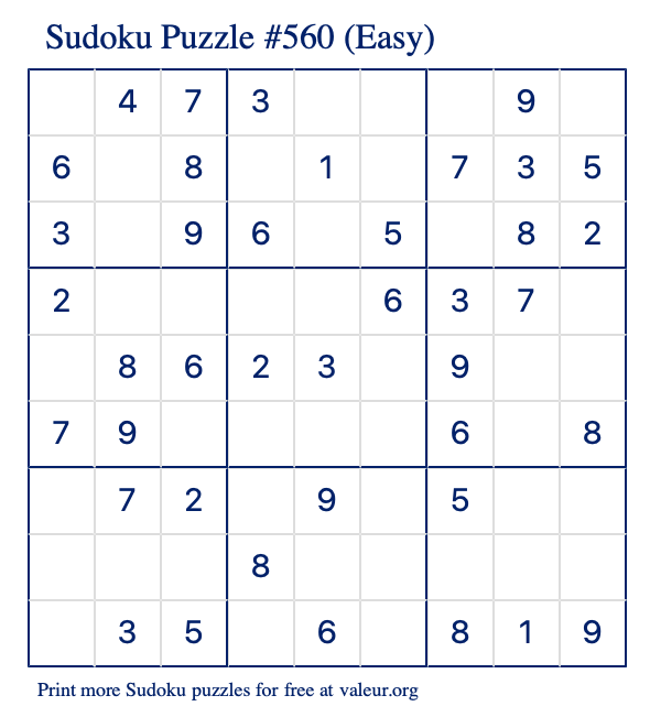 Free Printable Easy Sudoku Puzzle number 560