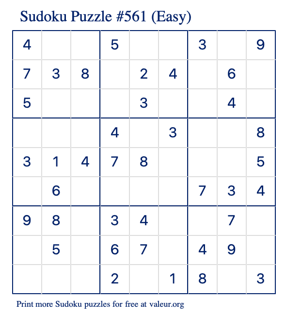 Free Printable Easy Sudoku Puzzle number 561