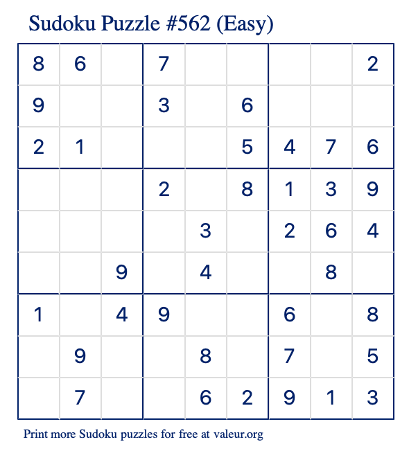 Free Printable Easy Sudoku Puzzle number 562