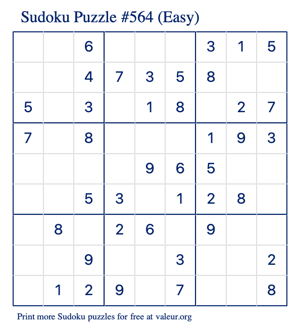 Free Printable Easy Sudoku Puzzle number 564