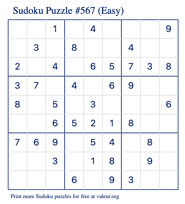 Free Printable Easy Sudoku Puzzle number 567