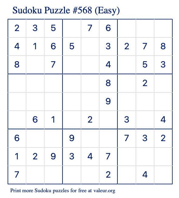 Free Printable Easy Sudoku Puzzle number 568