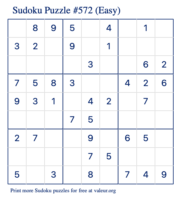 Free Printable Easy Sudoku Puzzle number 572