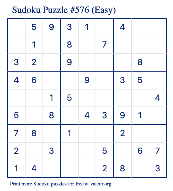 Free Printable Easy Sudoku Puzzle number 576