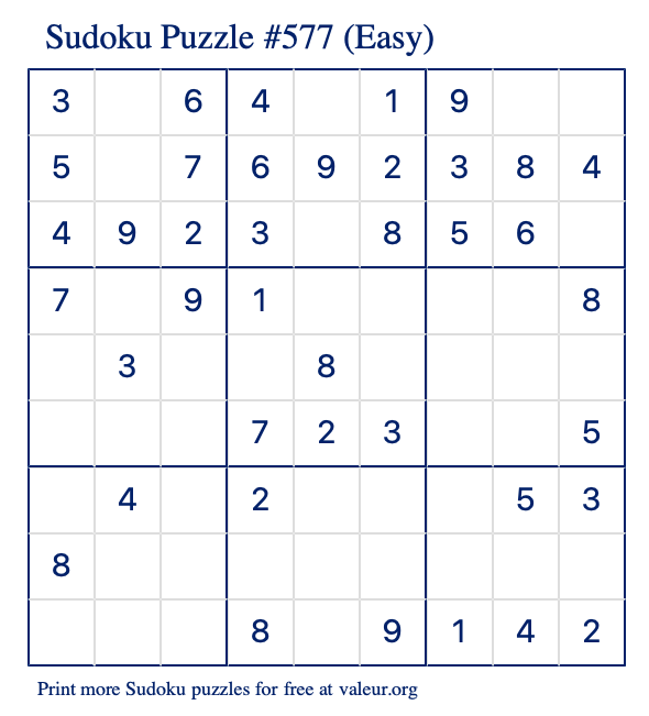 Free Printable Easy Sudoku Puzzle number 577