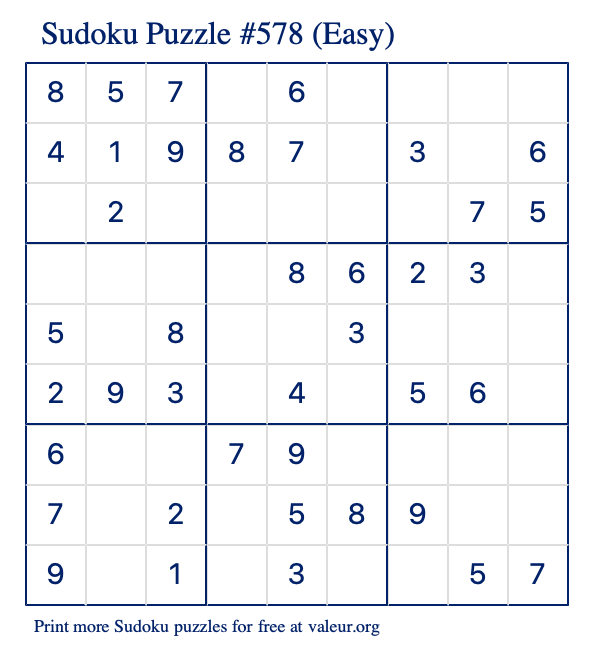 Free Printable Easy Sudoku Puzzle number 578