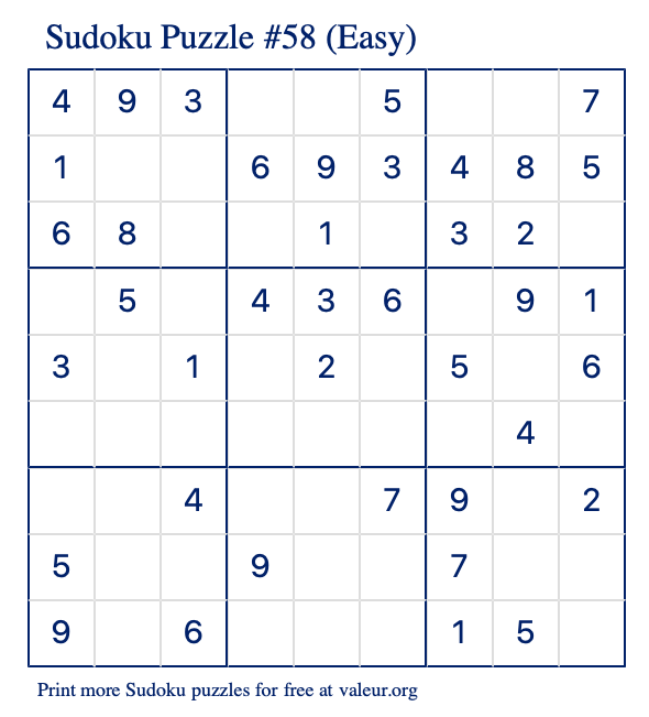 Free Printable Easy Sudoku Puzzle number 58