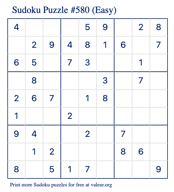 Free Printable Easy Sudoku Puzzle number 580