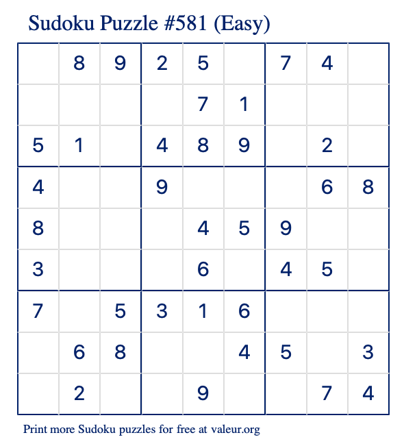 Free Printable Easy Sudoku Puzzle number 581