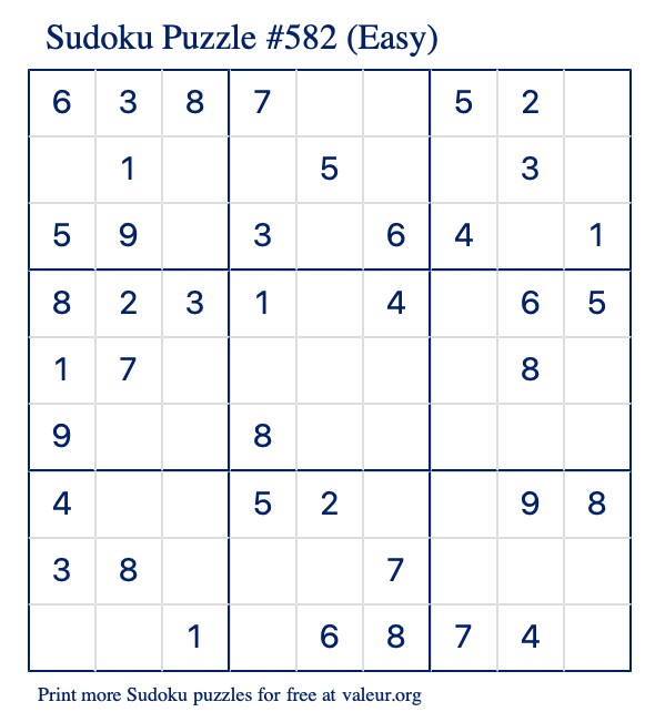 Free Printable Easy Sudoku Puzzle number 582