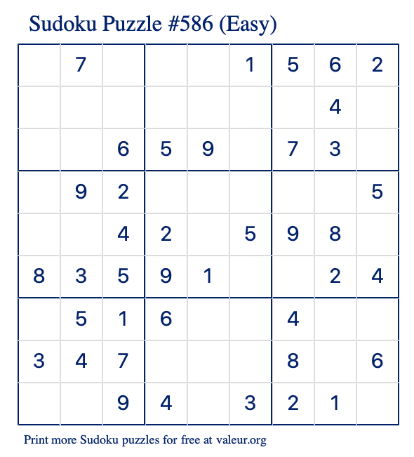 Free Printable Easy Sudoku Puzzle number 586