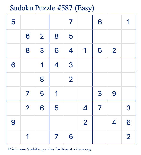 Free Printable Easy Sudoku Puzzle number 587