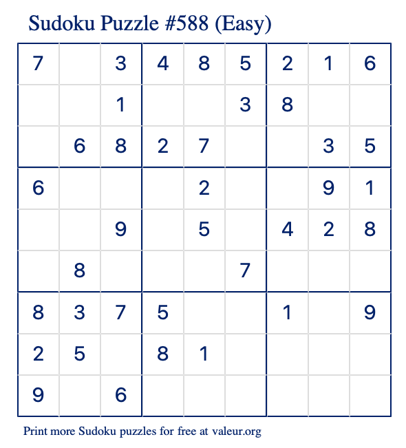 Free Printable Easy Sudoku Puzzle number 588