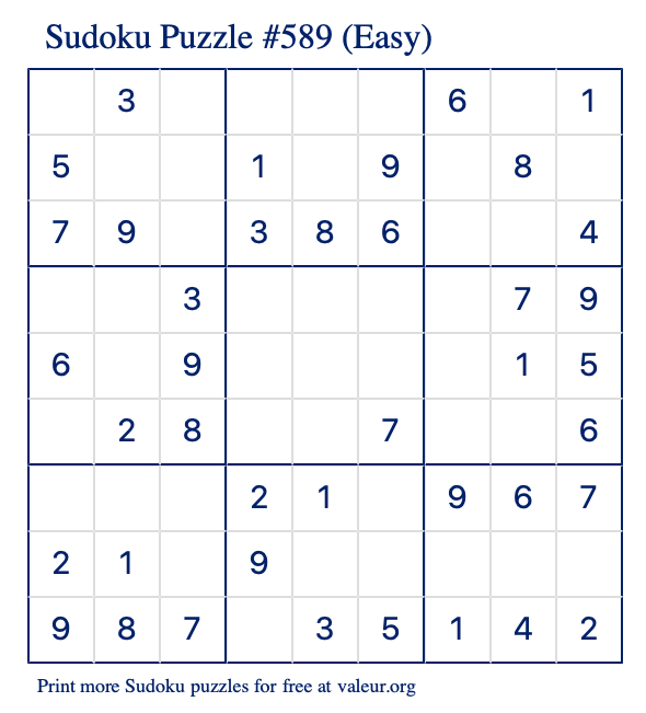 Free Printable Easy Sudoku Puzzle number 589