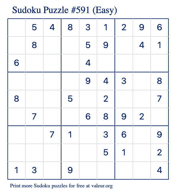 Free Printable Easy Sudoku Puzzle number 591