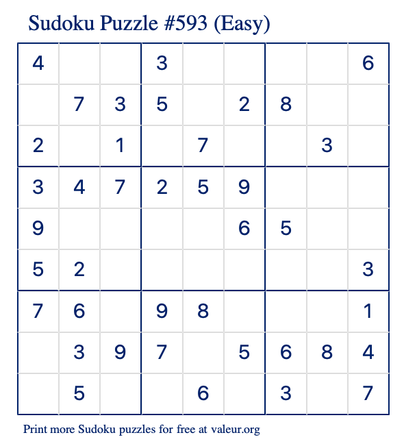 Free Printable Easy Sudoku Puzzle number 593