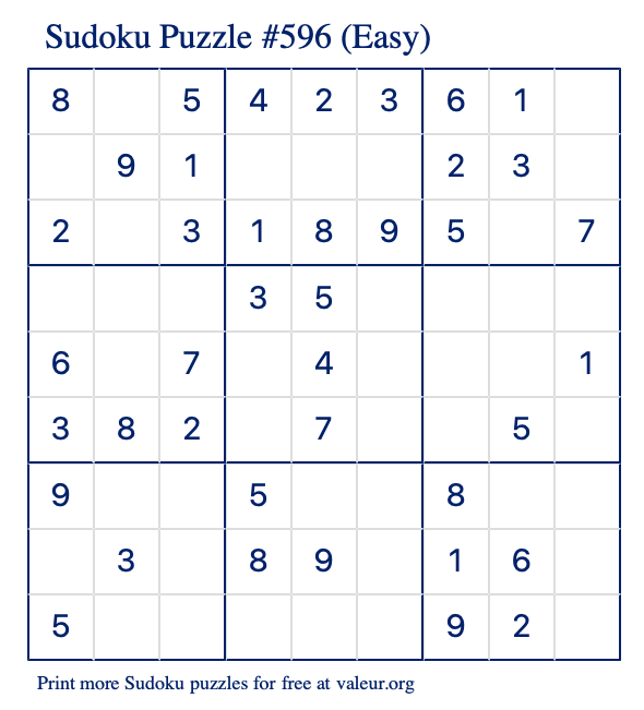 Free Printable Easy Sudoku Puzzle number 596