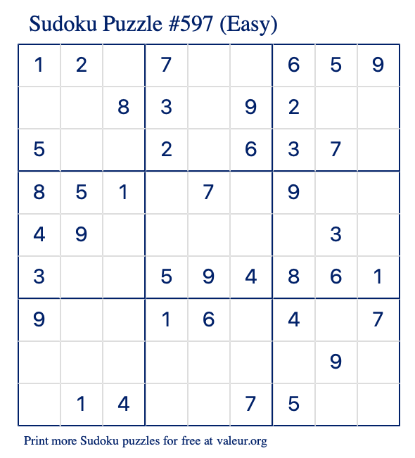 Free Printable Easy Sudoku Puzzle number 597