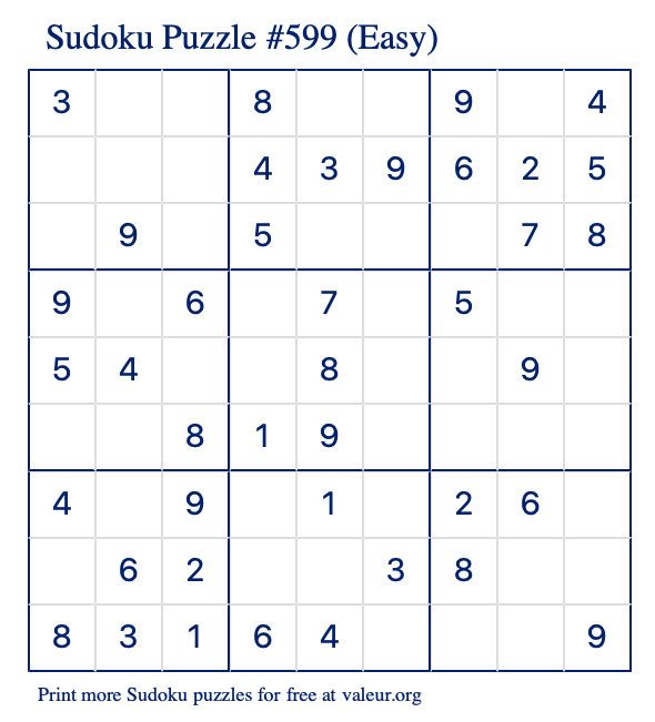 Free Printable Easy Sudoku Puzzle number 599