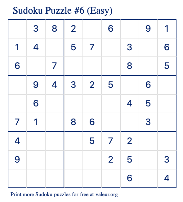 Free Printable Easy Sudoku Puzzle number 6