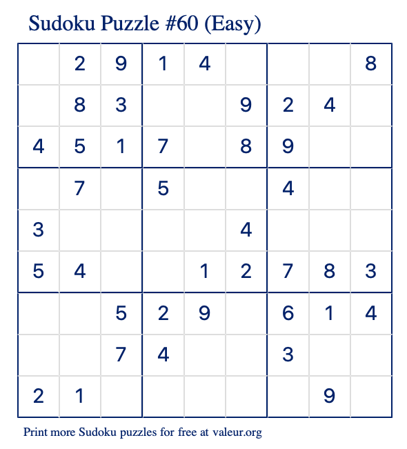 Free Printable Easy Sudoku Puzzle number 60