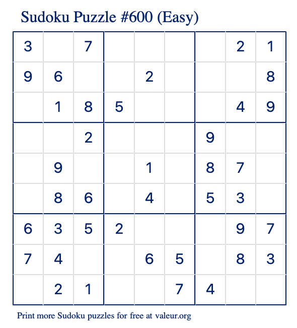 Free Printable Easy Sudoku Puzzle number 600