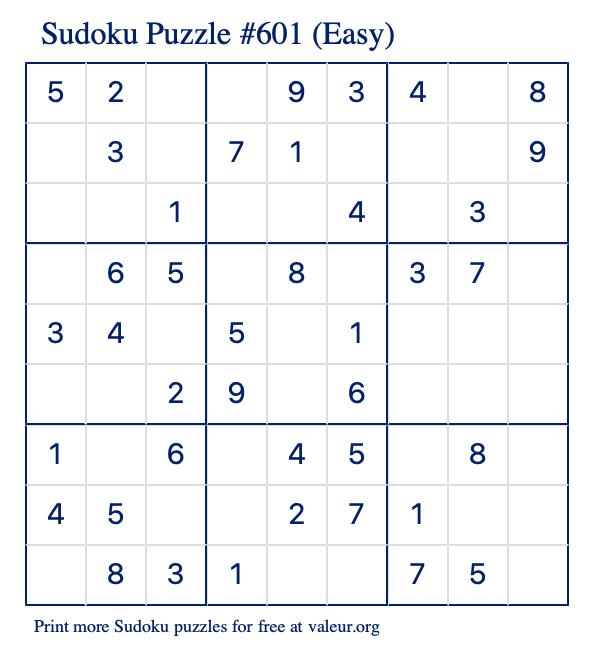 Free Printable Easy Sudoku Puzzle number 601