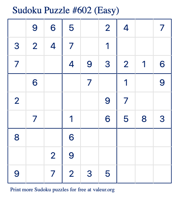 Free Printable Easy Sudoku Puzzle number 602