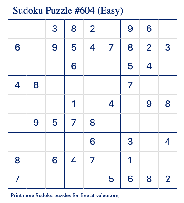 Free Printable Easy Sudoku Puzzle number 604