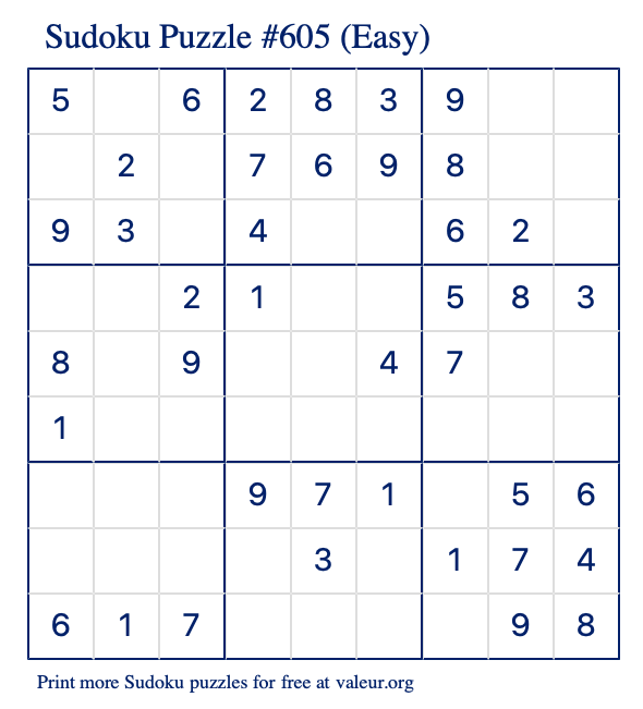 Free Printable Easy Sudoku Puzzle number 605