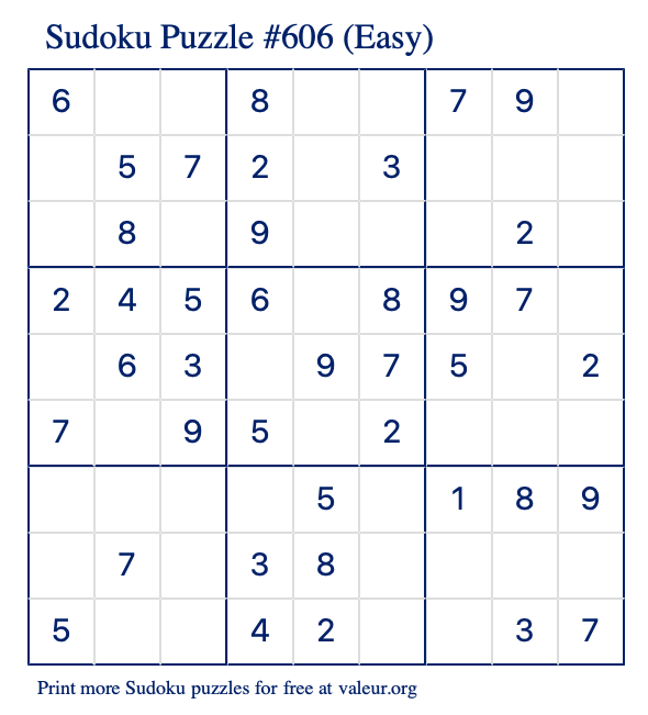 Free Printable Easy Sudoku Puzzle number 606