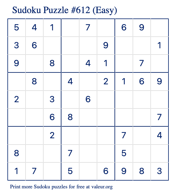 Free Printable Easy Sudoku Puzzle number 612