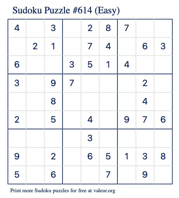 Free Printable Easy Sudoku Puzzle number 614