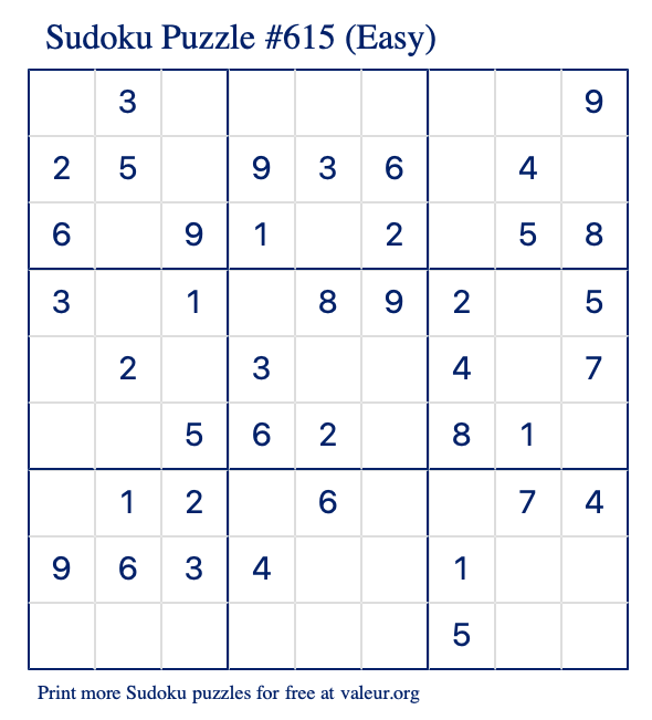 Free Printable Easy Sudoku Puzzle number 615