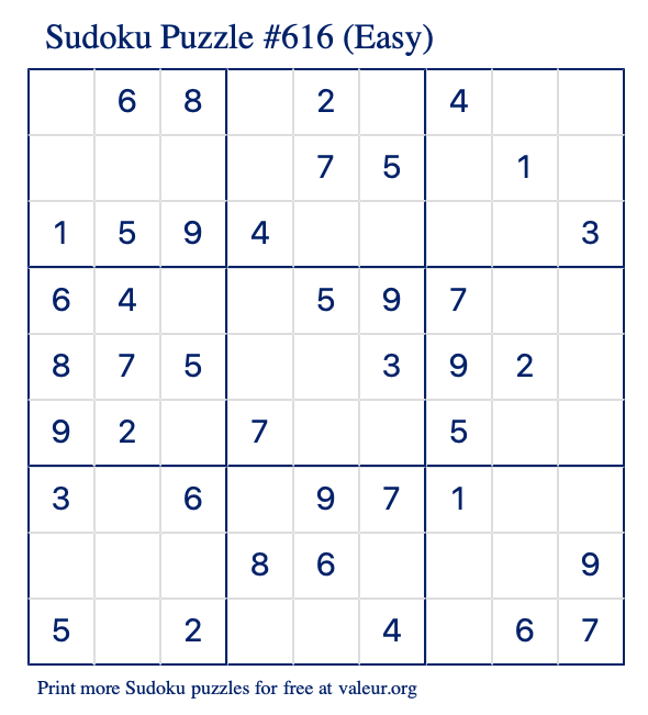 Free Printable Easy Sudoku Puzzle number 616