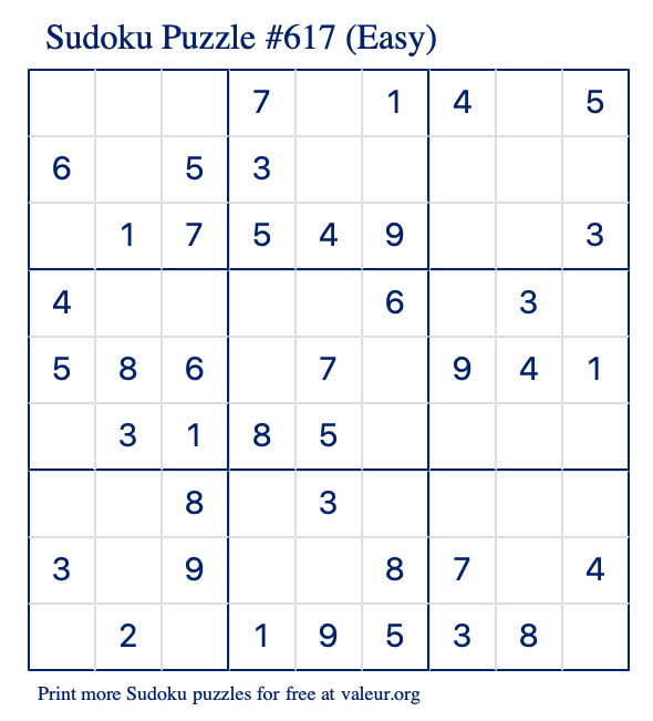 Free Printable Easy Sudoku Puzzle number 617