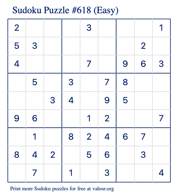 Free Printable Easy Sudoku Puzzle number 618