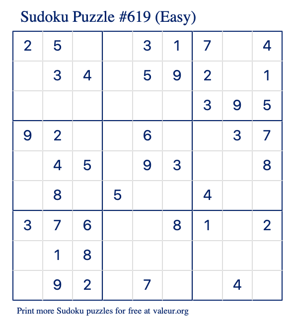 Free Printable Easy Sudoku Puzzle number 619