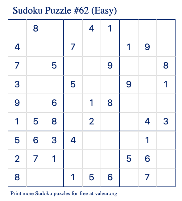 Free Printable Easy Sudoku Puzzle number 62