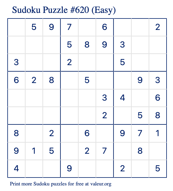 Free Printable Easy Sudoku Puzzle number 620