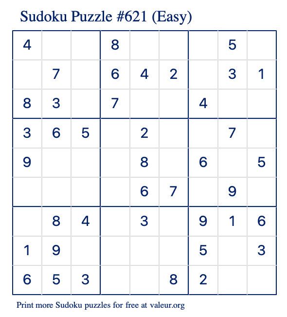 Free Printable Easy Sudoku Puzzle number 621